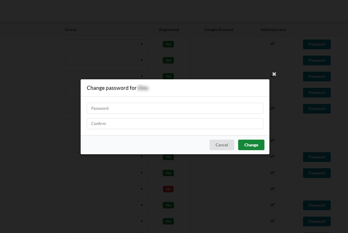 Change Password Screen.  Shows fields for Password, and confirm password, and Cancel and Change buttons. 