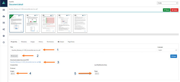 Document Propoerties:. ARrow 1 shows Document Filename, Arrow 2 shows  add Label button, Arrow 3 shows Download original document/PDF, Arrow 4 shows number of images, Arrow 5 shows  number of pages