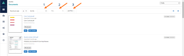 Screenshot of Documents page.  Arrow 1 is sort by dropdown, Arrow 2 is Filter search box, arrow 3 is Label Filters dropdown