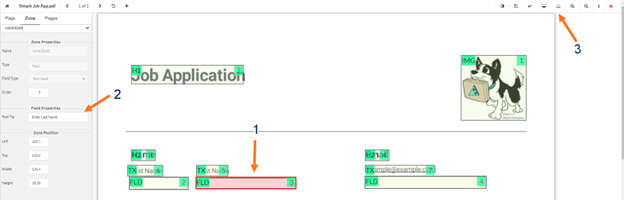 Arrow 1 Form field, Arrow 2 Tooltip TextBox, Arrow 3 Fixed Preview Button