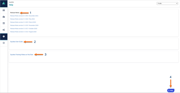 Screenshot of HELP tab.  Arrow one indicates release notes, arrow 2 indicates User Guide, arrow 3 indicates Equidox Training Videos