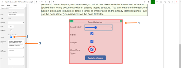Arrow 1 shows Zone Detector popup, Arrow  Shows Visible Checkbox, Arrow 3 shows Alt text Description textbox