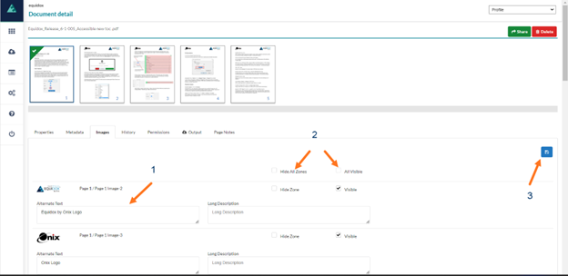 Arrow 1 shows alt text description text box.  Arrow 2 shows Hide All Zones and All Visible Checkboxes, Arrow 3 shows Save Button