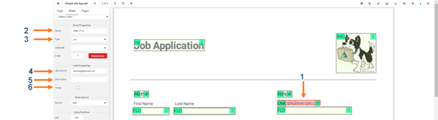 Arrow 1 Link Zone, Arrow 2 Link Name, Arrow 3 Link Type, Arrow 4 URL/Anchor, Arrow 5 Description, ARrow 66 Merge checkbox