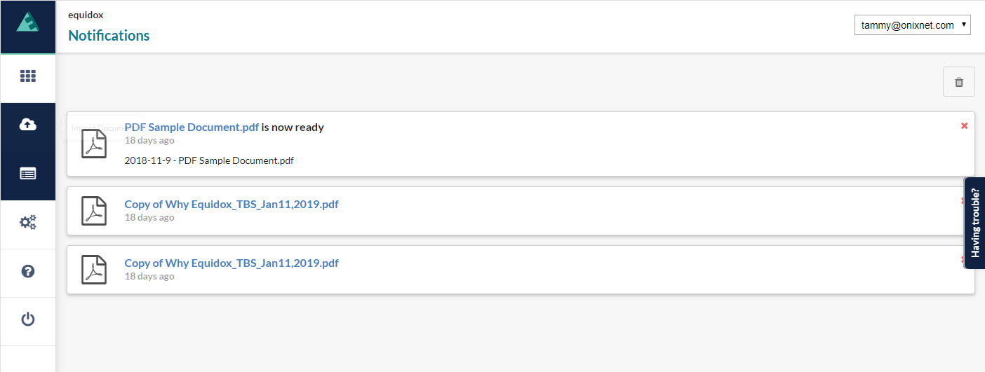 Notifications page.  Shows three notifications, "PDF Sample Document.pdf is now ready", two copies of "Copy of Why Equidox_TBS.pdf".  There is a trash button and each notification has a delete button. 