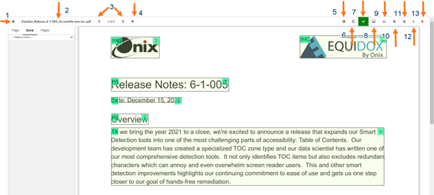 Page Detail: Arrow 1 Home Button, Arrow 2 Document Filename, Arrow 3 Page Advance, Arrow 4 Add New Zone, Arrow 5 Toggle zone, tags/numbers, Arrow 6 Save Button, Arrow 7 Mark Validated checkmark, Arrow 8 Preview, Arrow 9 Fixed Preview, Arrow 10 Zoom In button, Arrow 11 Zoom Out button, Arrow 12 Keyboard Shortcuts popup menu,  Arrow 13 Close Page Detail button