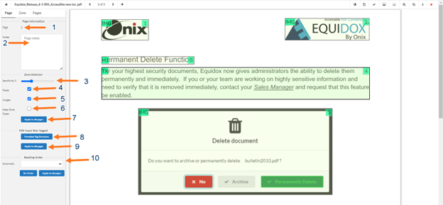Arrow 1 Page Number, Arrow 2 Notes, Arrow 3 Sensitivity Slider, Arrow 4 Fields Checkbox, Arrow 5 Images Checkbox, Arrow 6 Keep Zone Types checkbox, Arrow 7 Apply to All Pages button, Arrow 8 is Provided Tag Structure, Arrow 9 is Apply to All pages, Arrow 10 is Reading Order Dropdown