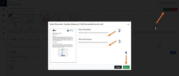Share Document popup.  Arrow one shows Share button from Documents Page.  Arrow 2 shows Share with others box, Arrow 3 shows Share with Group box, arrow 4 shows DONE Button