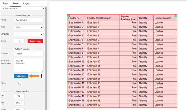 Arrow 1 indicates Table Editor Button